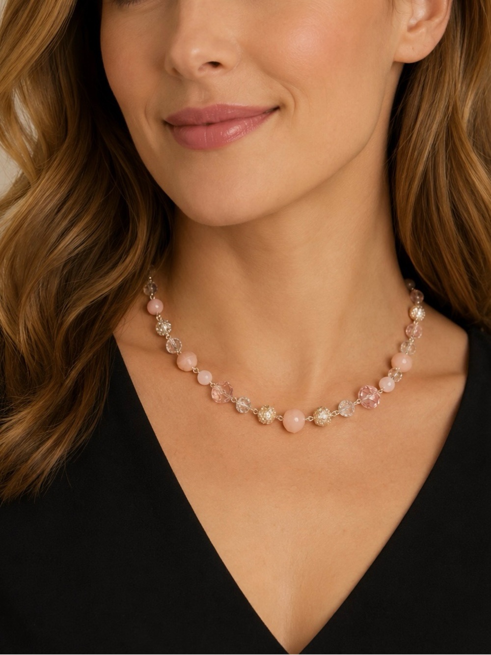 Pink and Silver Beaded Necklace with Delicate Chain